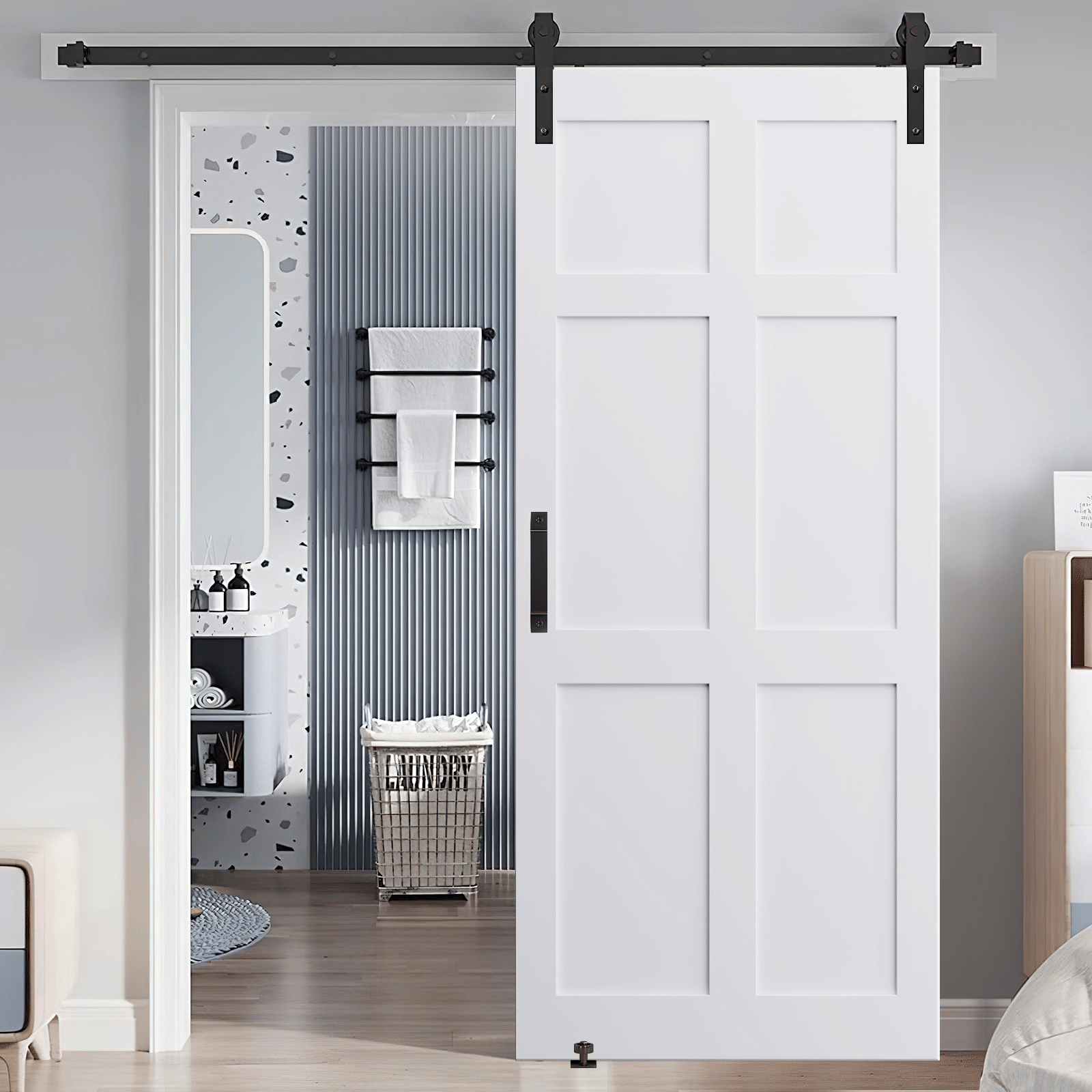 CRAZY ELF 28" x 84" Six Paneled Real Primed Door Slab + 6.6FT Barn Door Sliding Hardware + Adjustable Floor Guider + Pull Handle, DIY Unfinished Paneled Door, Modern Interior Barn Door, Water-proof - JM Variety Store